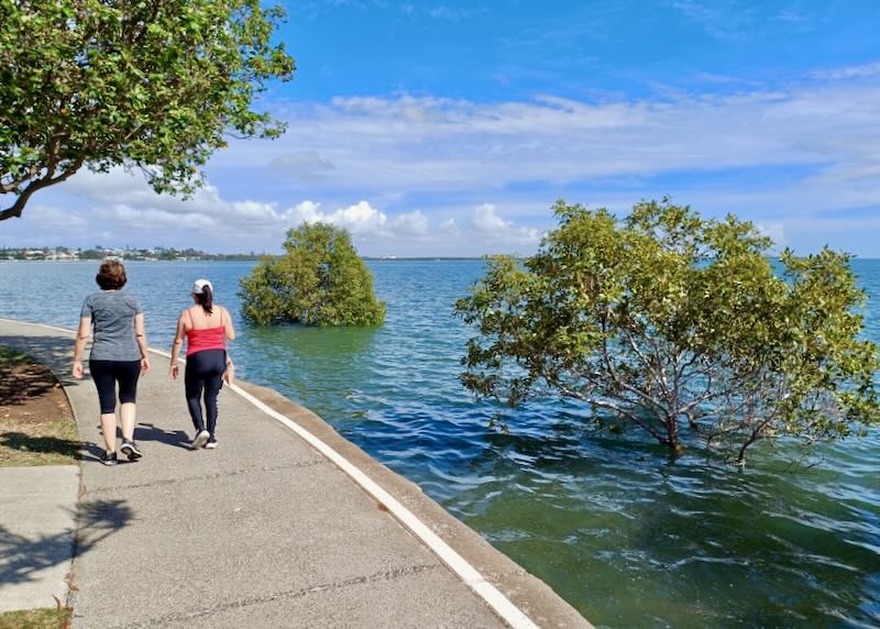 Two women walk on a sidewalk next to the water.