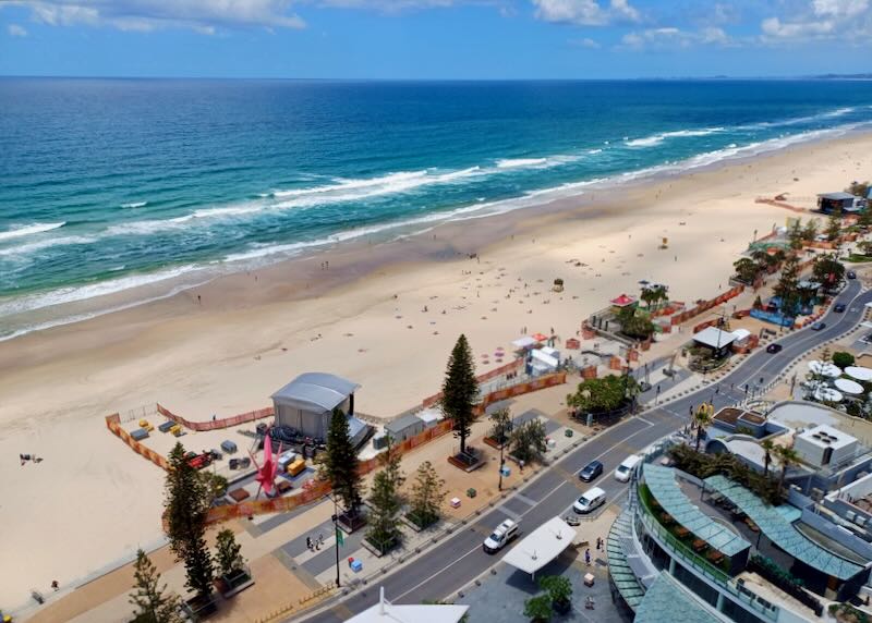 A high-up view of an ocean and shoreline.