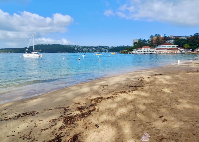 A sailboat drifts by a beach.