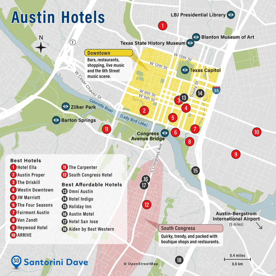 Map of Austin Hotels and Neighborhoods.