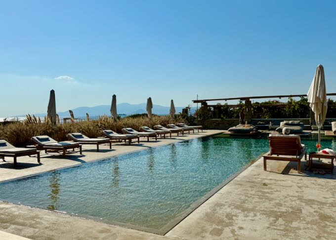 Hotel swimming pool surrounded by sun loungers and beach grass