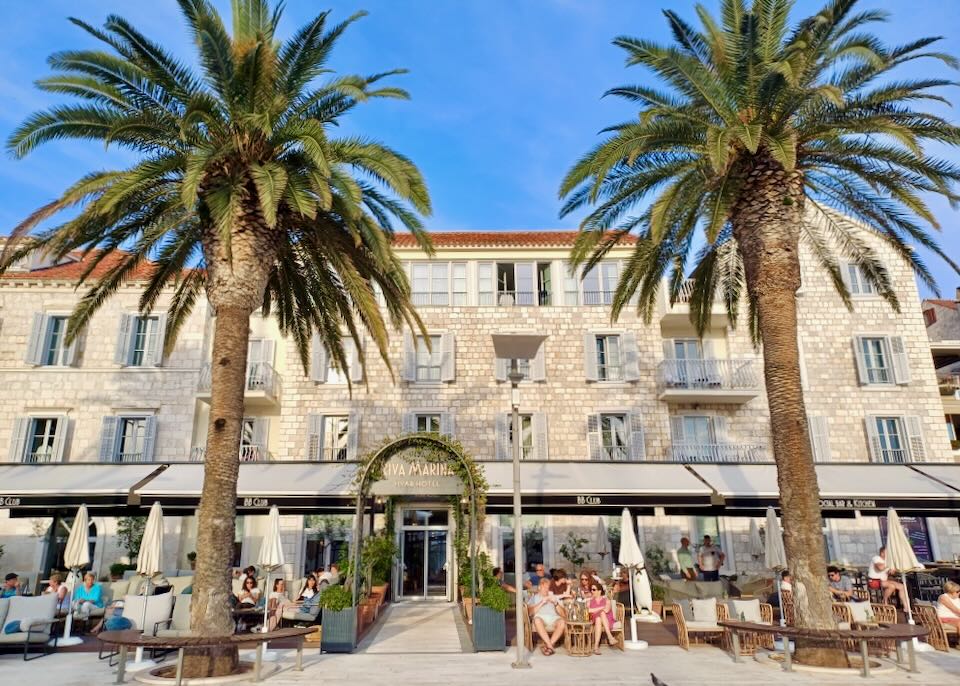 Guests sit outside by a harbor under tall palm trees.