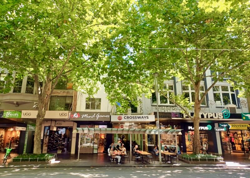 Restaurants and stores line a tree-covered street.