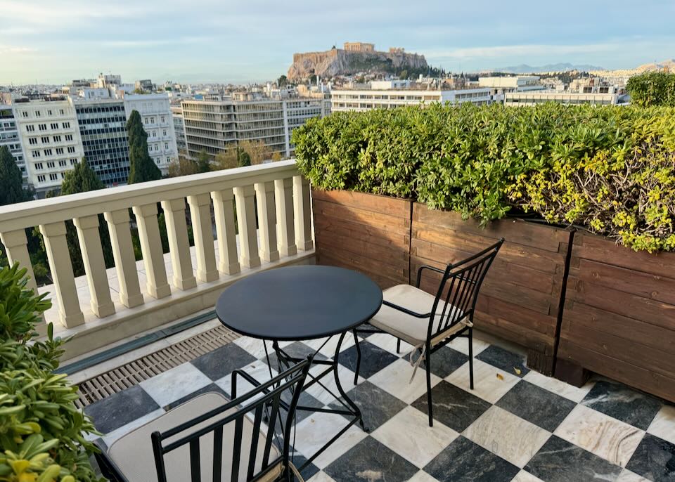 View of the Acropolis from the Grande Bretagne Hotel in Athens.