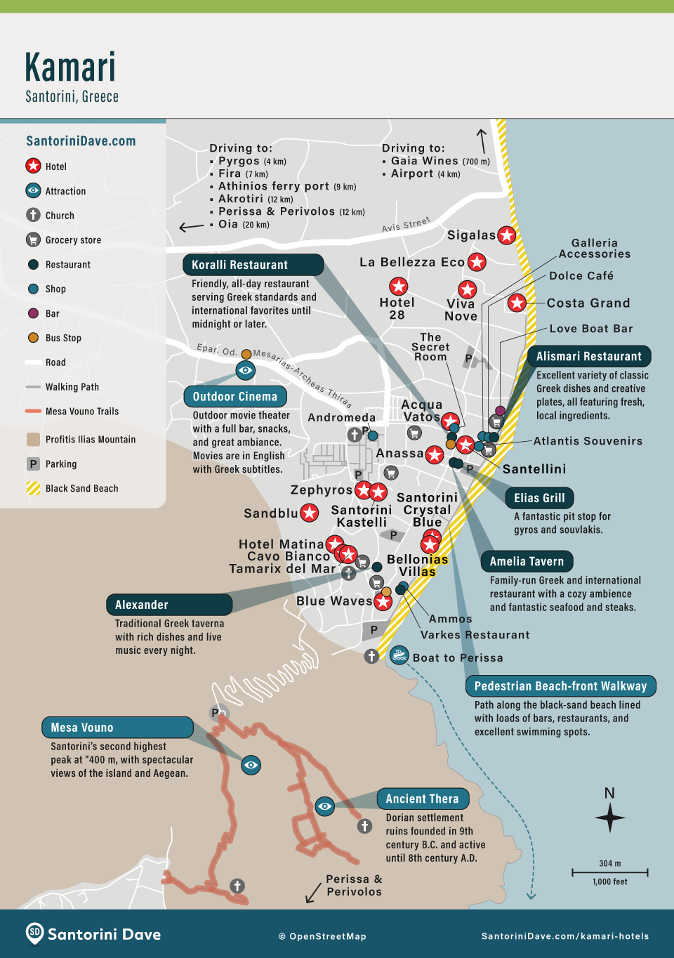 A map showing the best things to do and hotels in Kamari, Santorini.