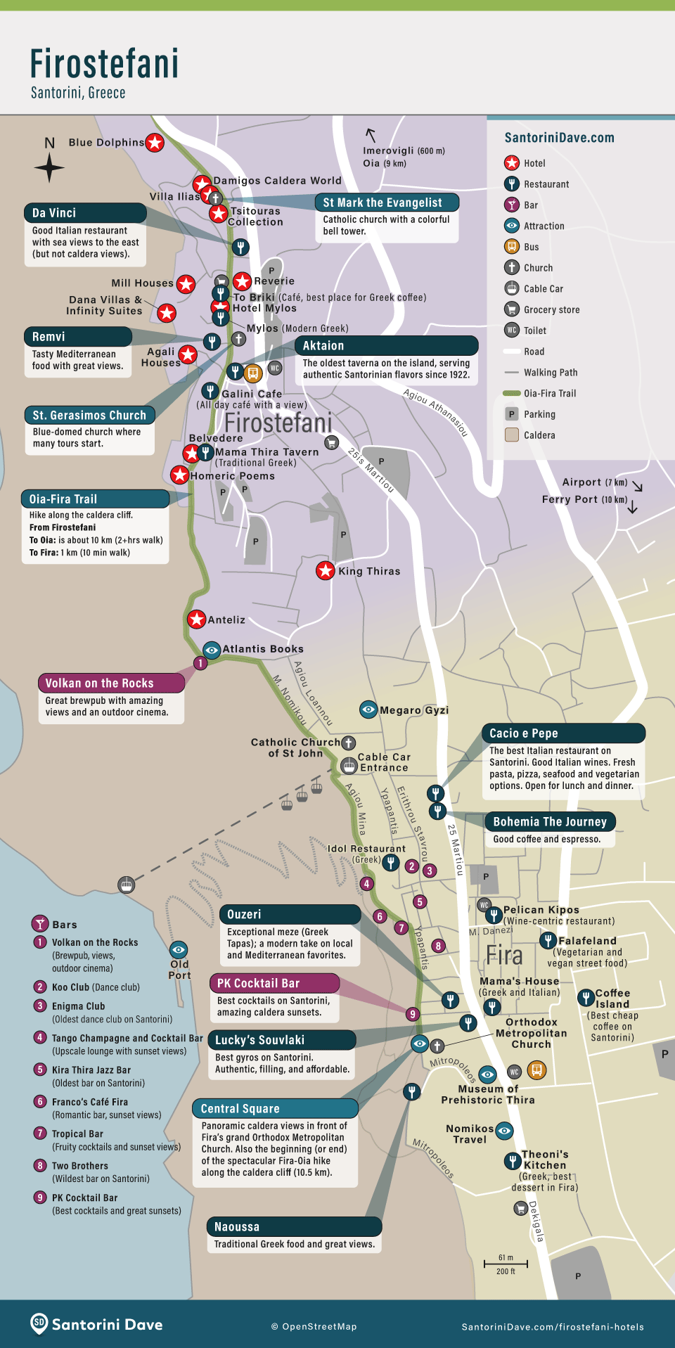 Map of the best hotels in Firostefani, Santorini.