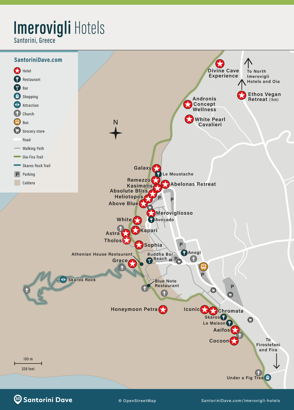 Imerovigli village map of Hotels and things to do.