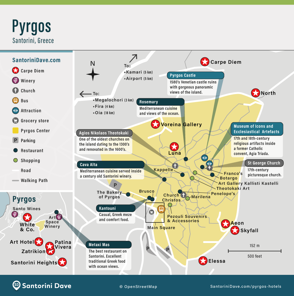 A map showing the best things to do and hotels in Pyrgos, Santorini.