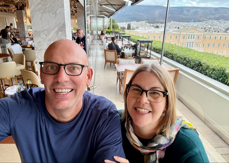 My wife and I at a hotel in Athens, Greece.