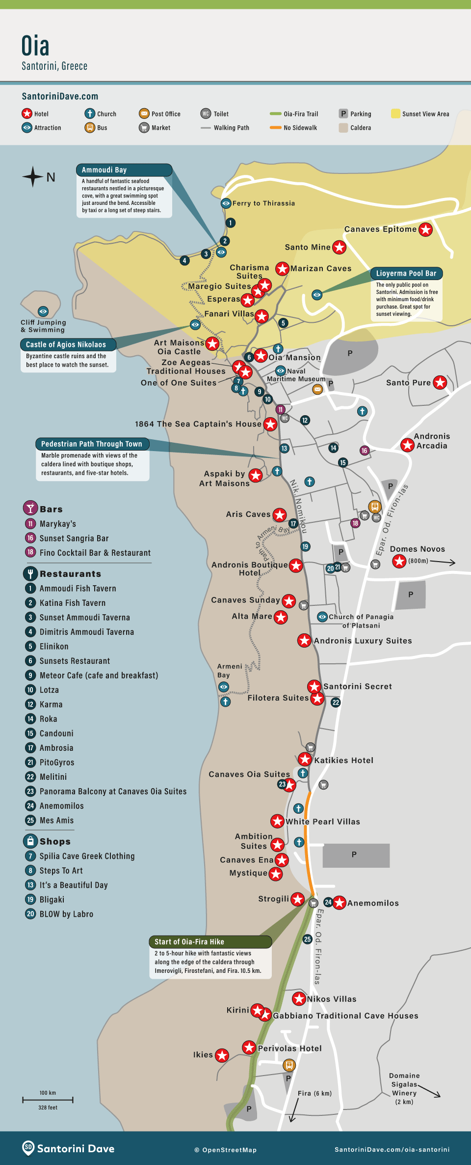 Map showing the location of the best hotels in Oia, Santorini.