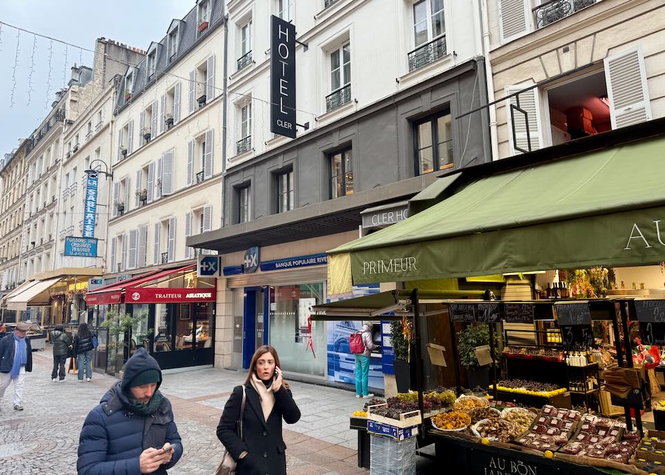 Hotel on Rue Cler near Eiffel Tower in Paris.