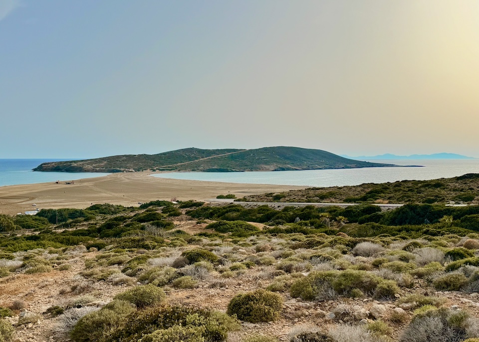 The islet of Prasonisi connected the the mainland by a strip of beach in Rhodes.