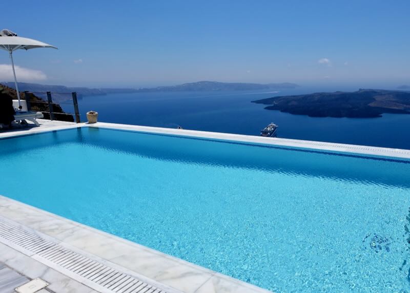 View of the Santorini caldera from a hotel infinity pool.