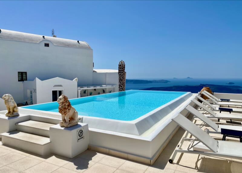 Hotel swim terrace overlooking the Santorini caldera