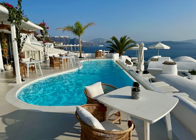 Hotel swim terrace overlooking the Santorini caldera.