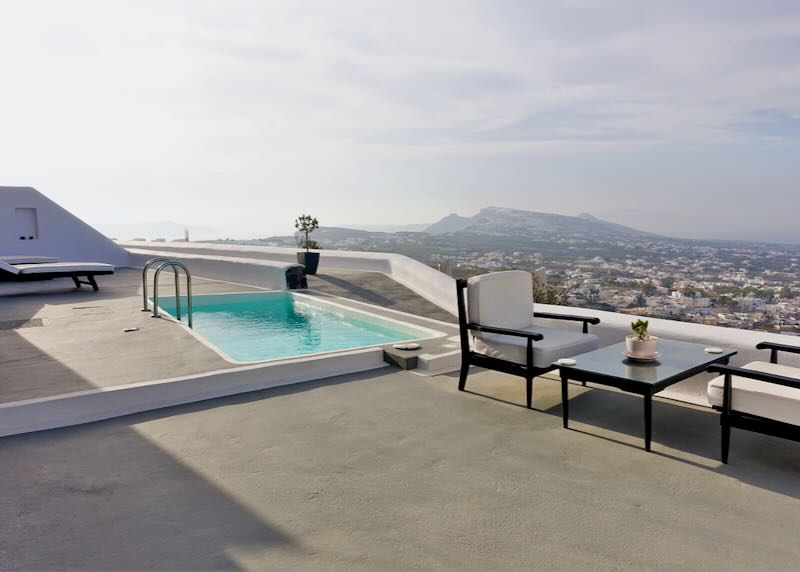 View over the island of Santorini from a hotel swim veranda in Pyrgos.