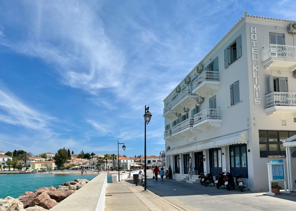 Hotel Klimis sits on the main road and overlooks the sea in Spetses.