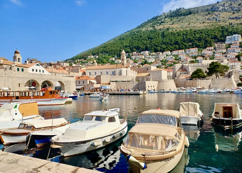 A boat sits in a port with a mountain rising in the background filled with rust-colored houses and green trees.