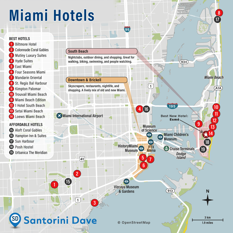 Map of Best Miami Neighborhoods and Hotels.