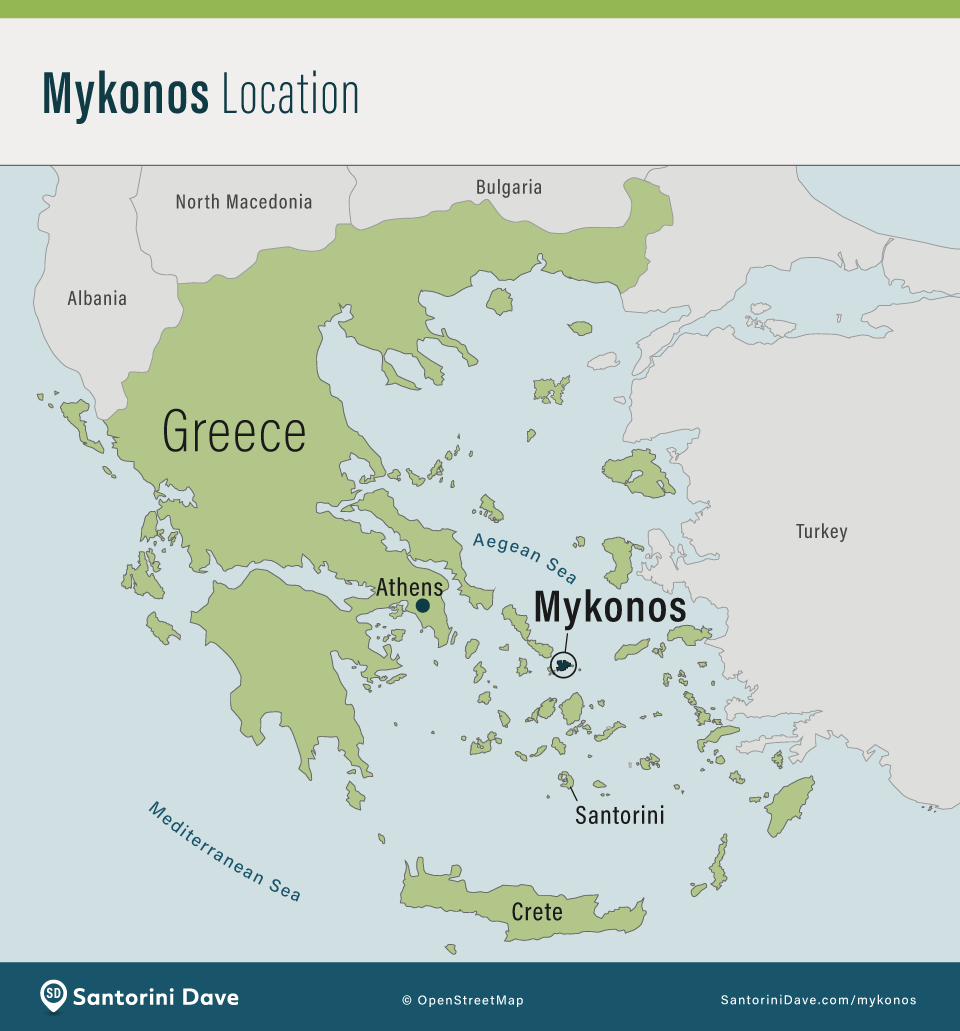 Map showing the location of the island of Mykonos in Greece