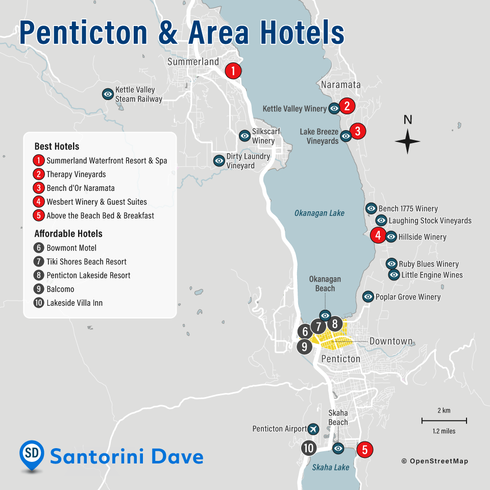 Penticton, Naramata, and Summerland Hotel Map