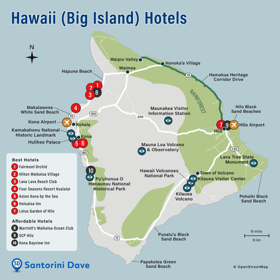 Map of Big Island Hotels, Towns, and Beaches.