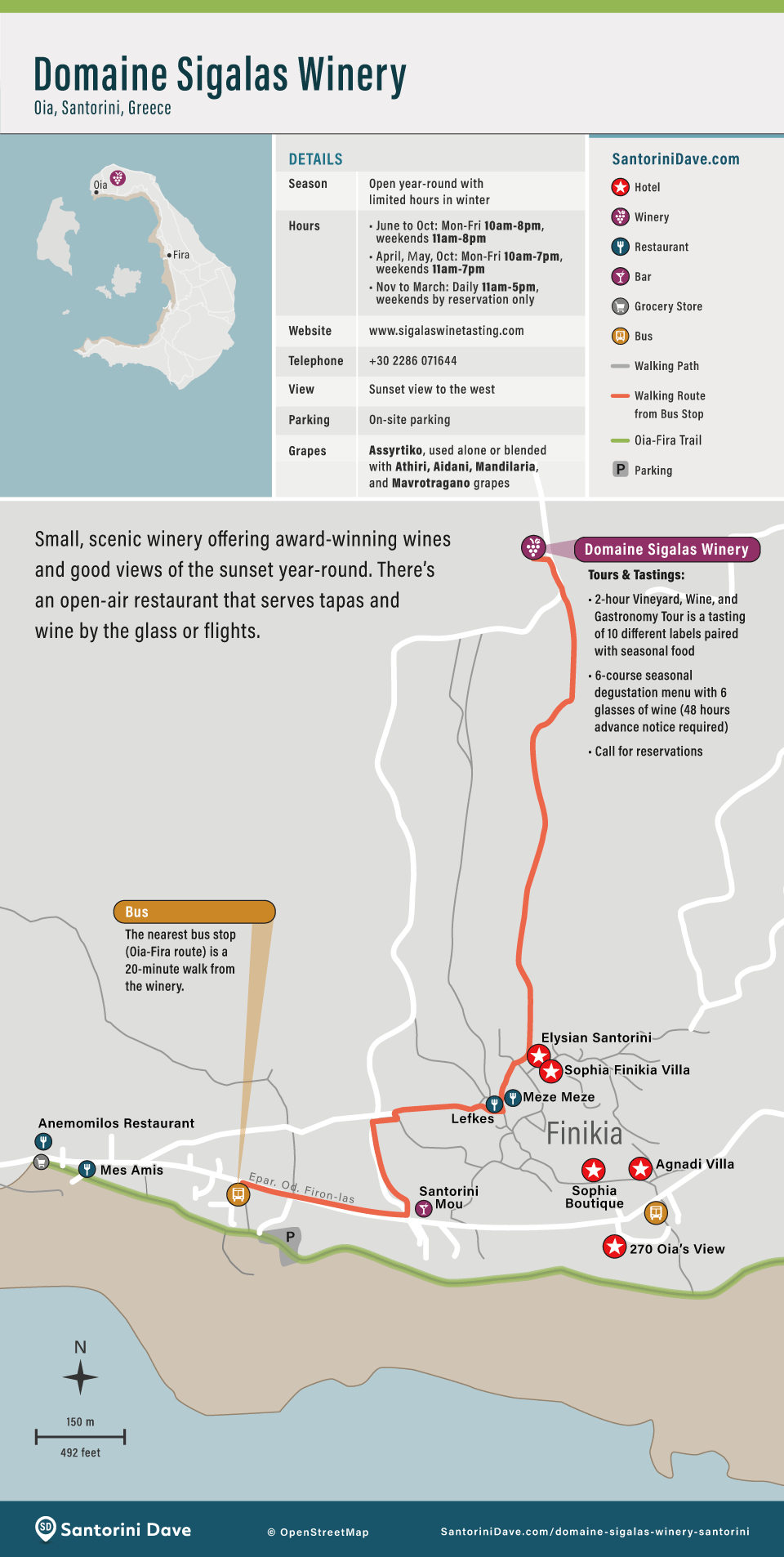 Map showing restaurants, hotels, and attractions around Domaine Sigalas Winery in Santorini