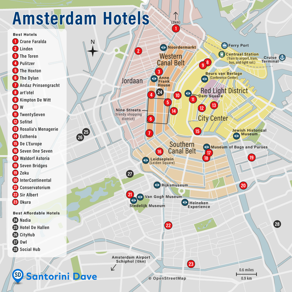 Map of best hotels in Amsterdam.