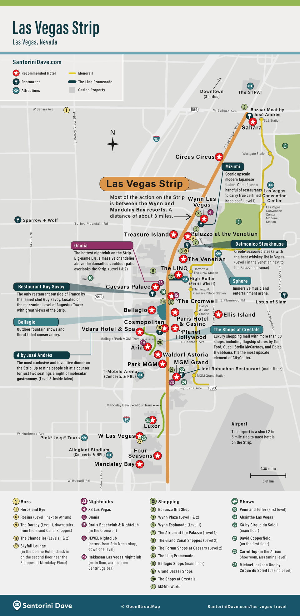 Map of hotels and resorts on Las Vegas Strip.