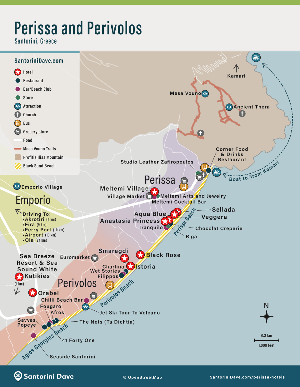 Map of Perissa and Perivolos on Santorini showing best things to do, restaurants, and best hotels.