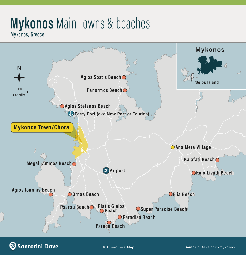 Map showing the main towns and beaches on Mykonos