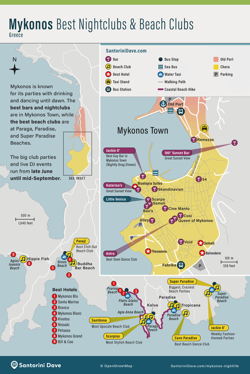 Map of the best bars, nightlife, and beach clubs on Mykonos Island, Greece