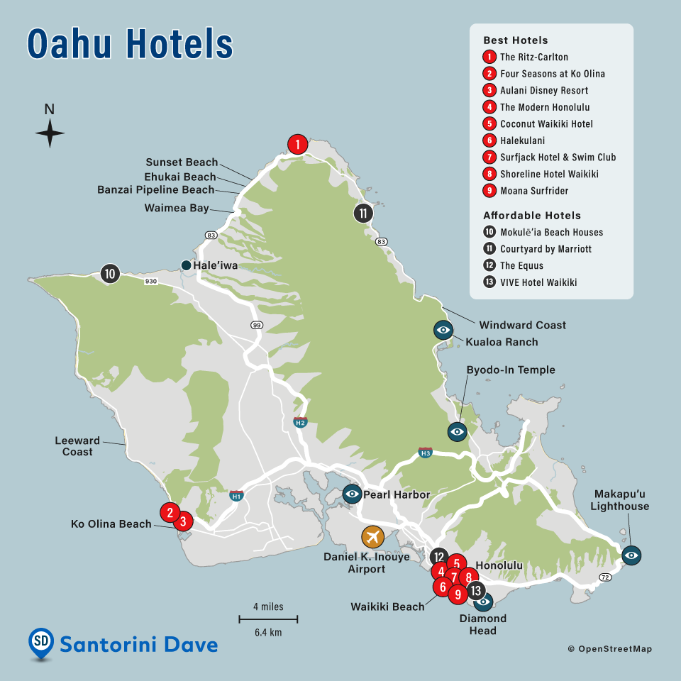 Map of Oahu hotels, cities, towns, and beaches.