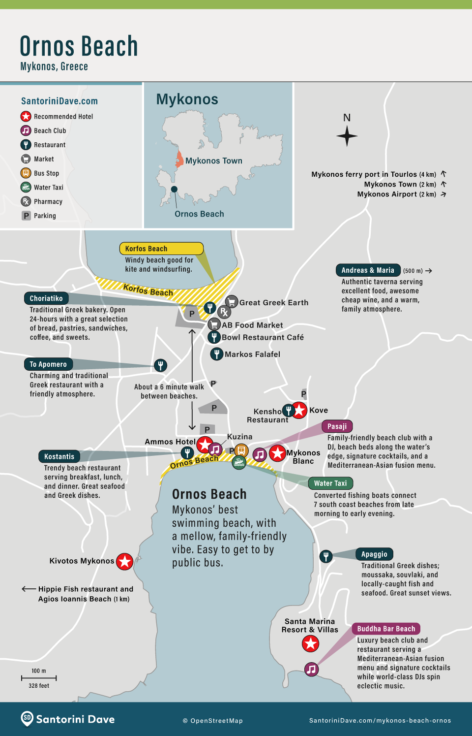 Map showing the area surrounding Ornos Beach, including restaurants, beach clubs, and hotels