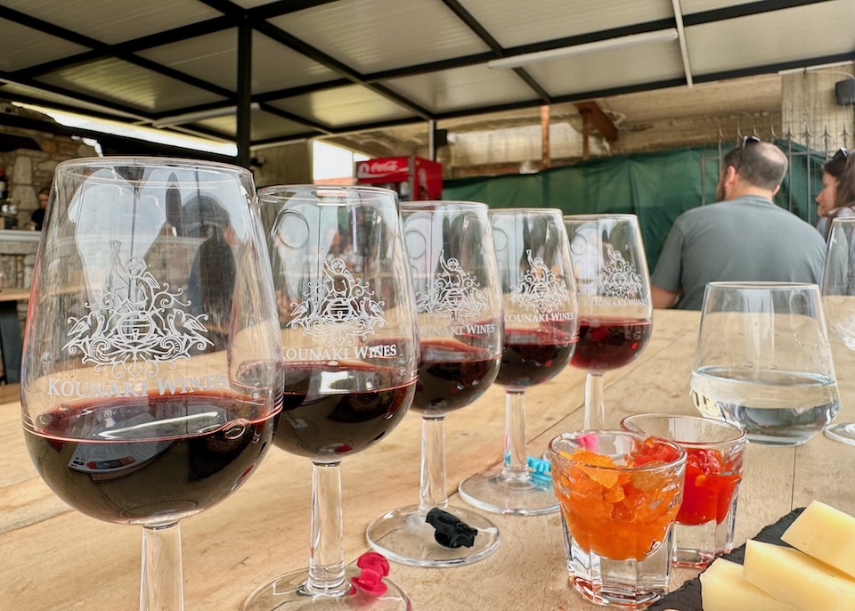 A flight of red wines with chutneys and cheeses at Kounaki Wines in Embonas, Rhodes.