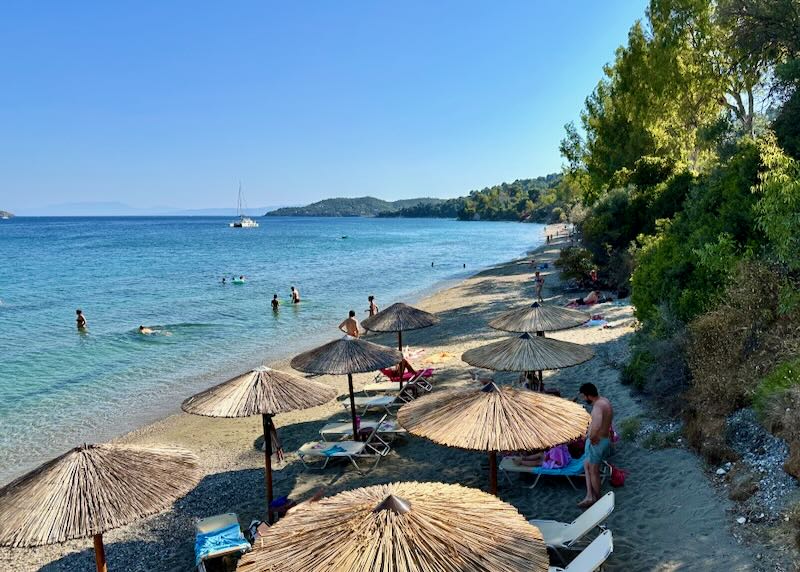 Thin strip of golden sand on a sparkling blue beach, with a couple rows of beach chairs in the shade.