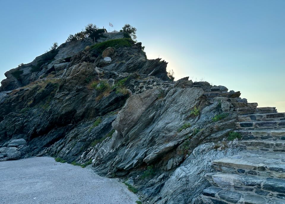 The steep, rocky path leading up to Agios Ioannis church, where the wedding scenes from Mamma Mia! were filmed.