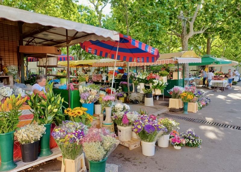 Buckets of flower bouquets site under canopys for sale.