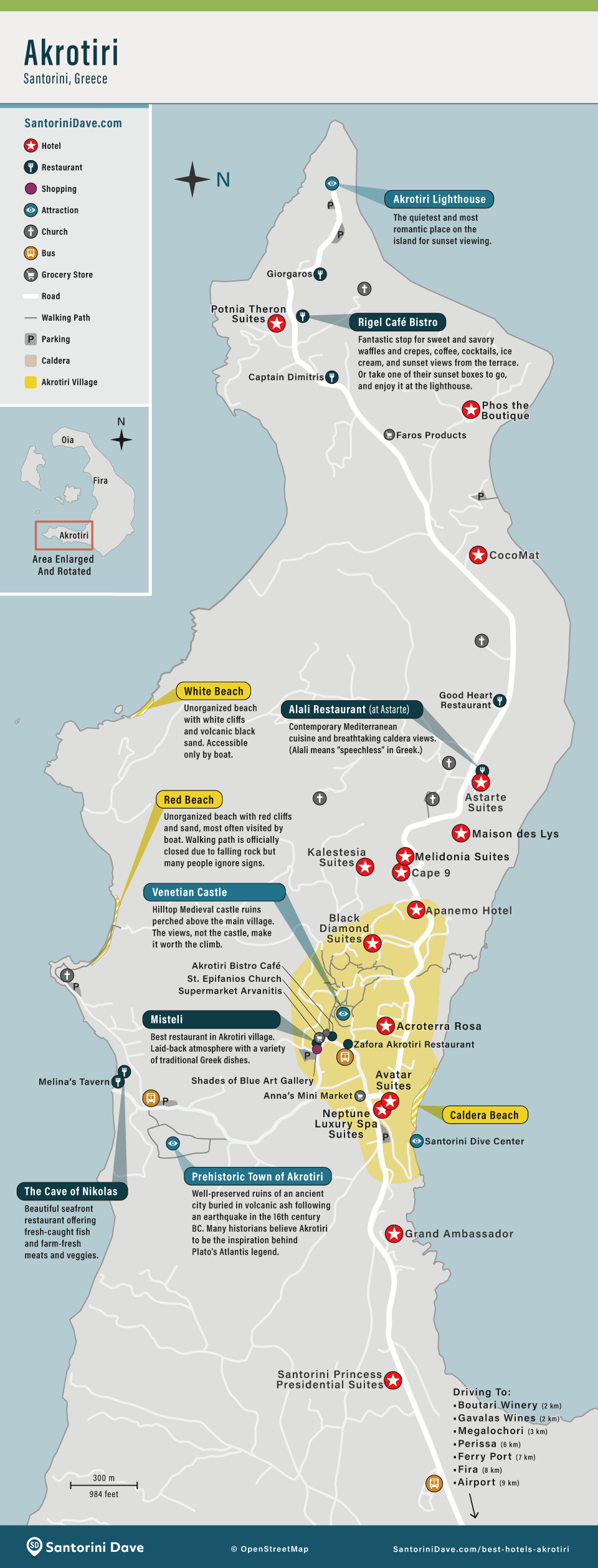 Map of the town of Akrotiri on Santorini showing the best restaurants, hotels, and things to do.