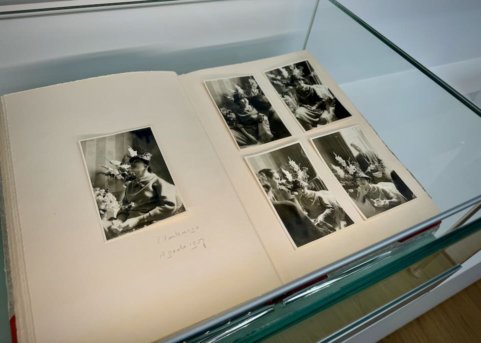 Black and white photographs in an album, displayed under glass.