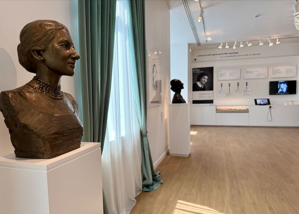 Museum display room with busts of Maria Callas.