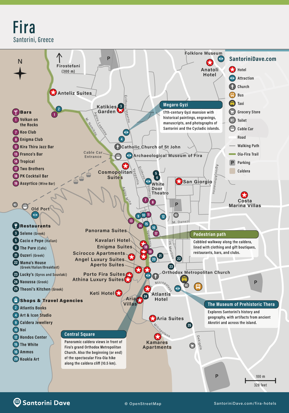 Map of the best hotels, restaurants, things to do, bars, and shopping in Fira, Santorini.