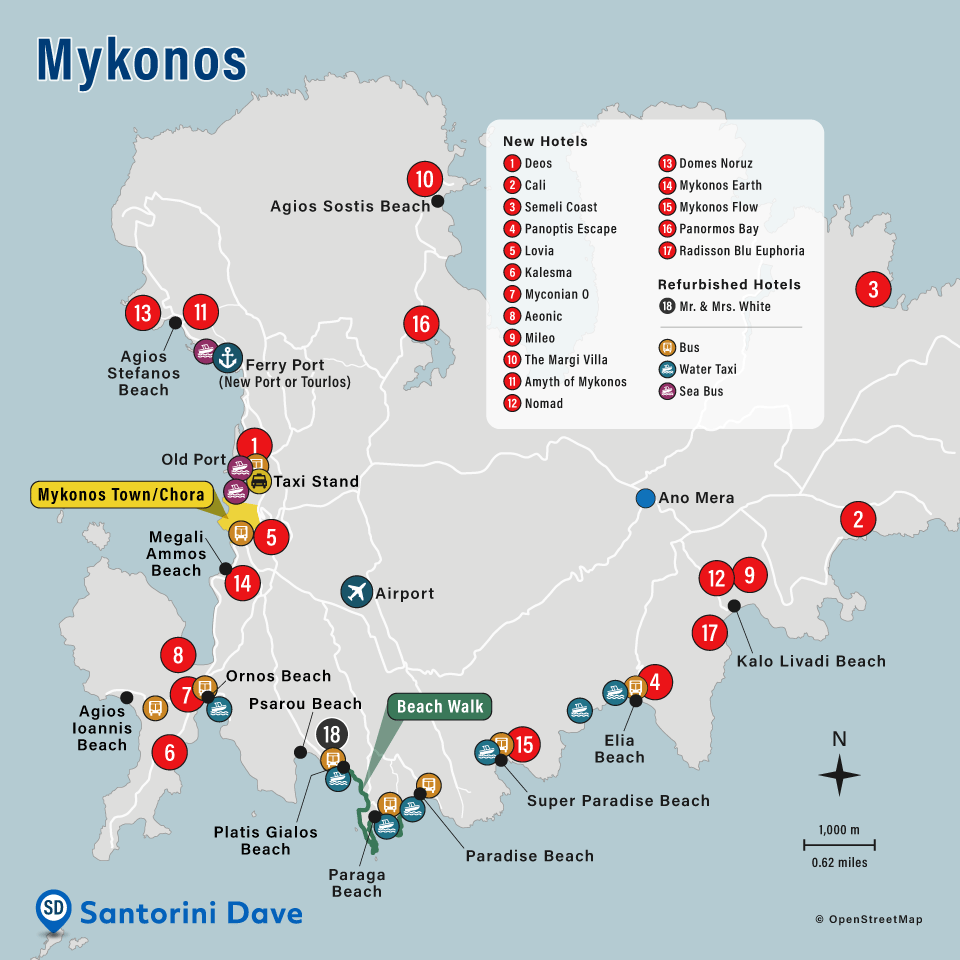 Map showing the locations of the 12 best new hotels in Mykonos, Greece.