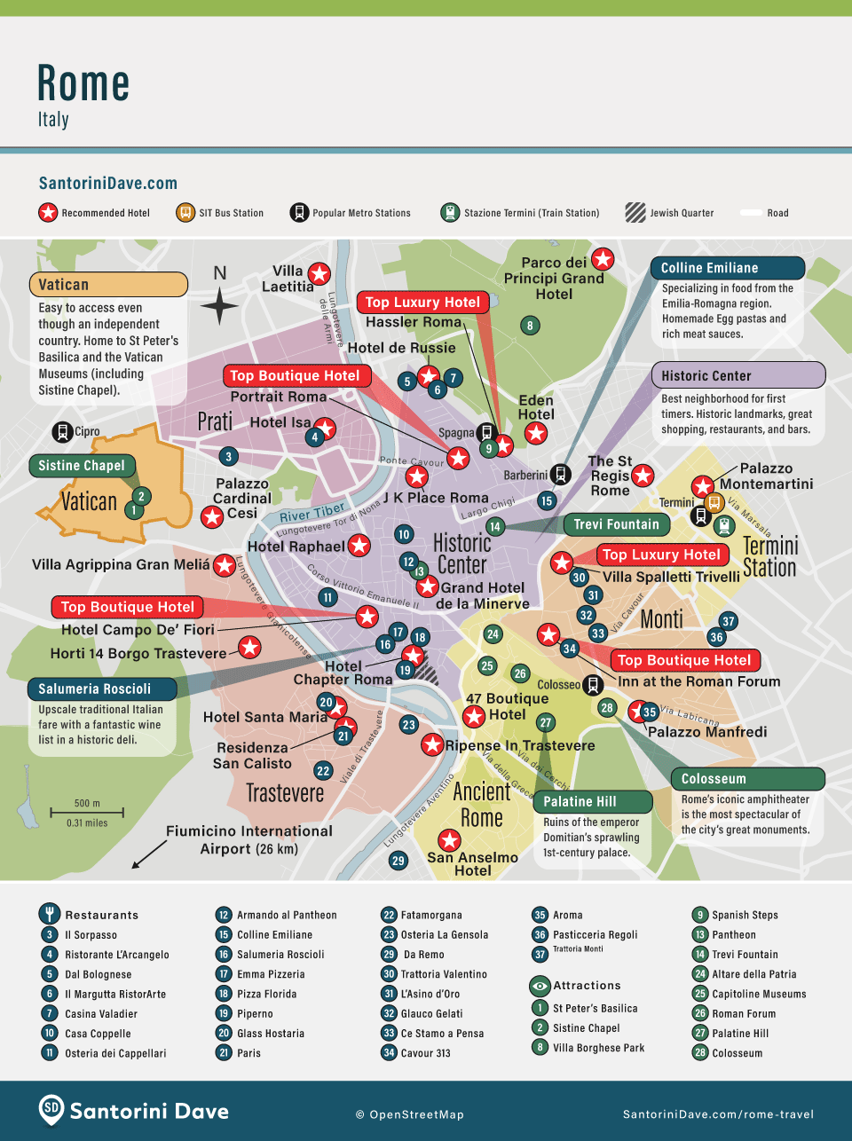 Map showing locations of the best hotels in Rome.