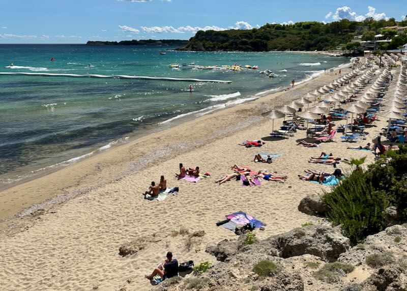 Overhead view of a golden sand beach lined with sun umbrellas and sunbathers