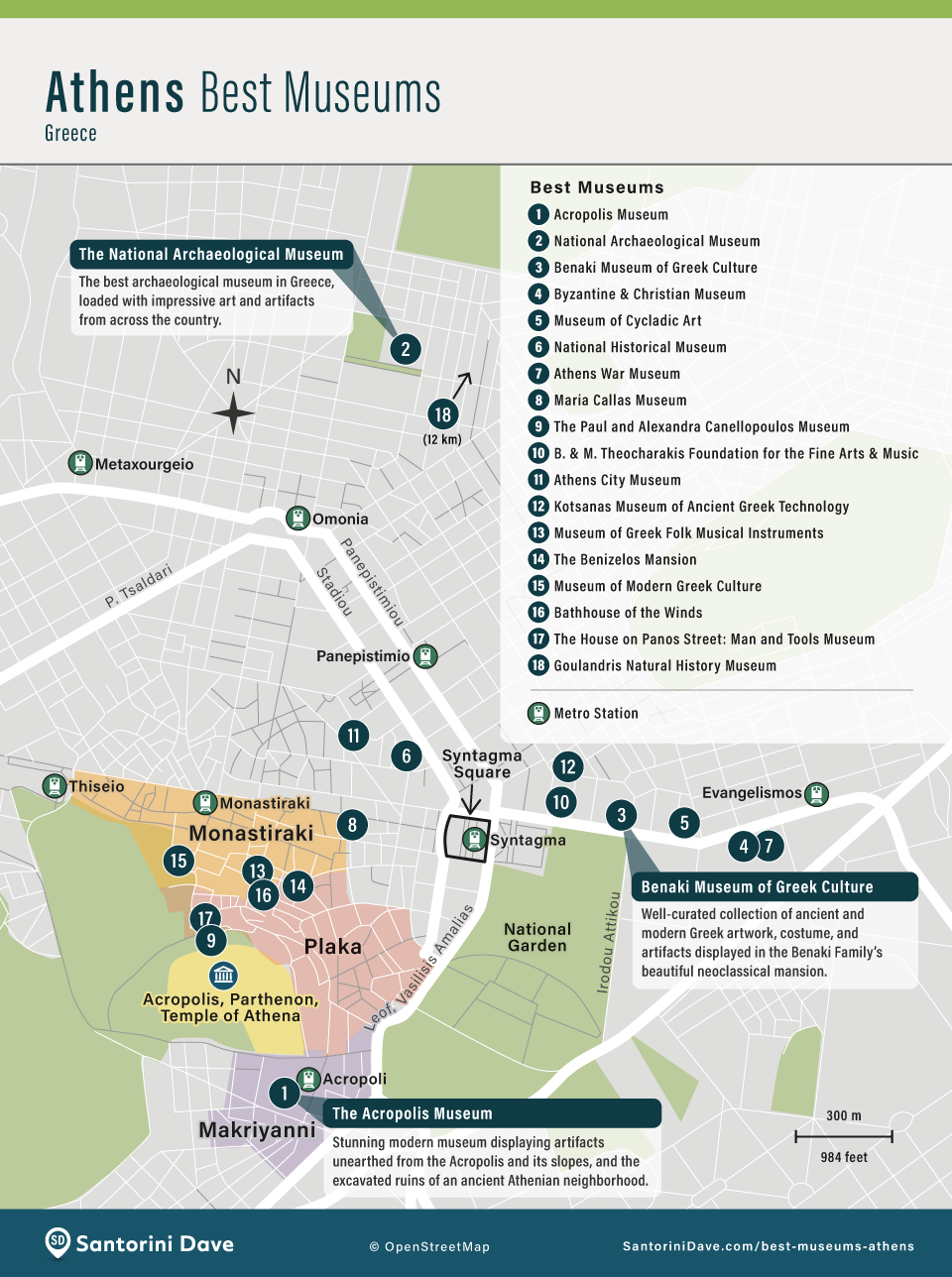 Map showing the locations of the 18 best museums in Athens, Greece.