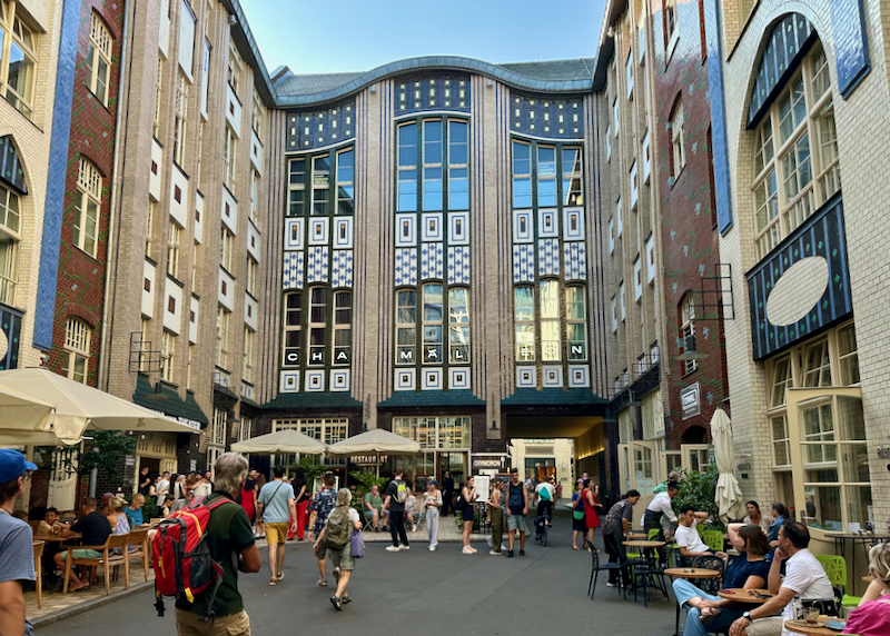 Dining area in the Art Nouveau Hackesche Höfe shopping complex in Berlin.