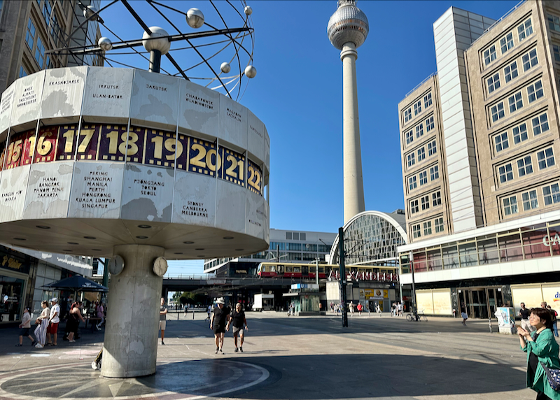 Futuristic world clock and observation tower at Alexanderplatz Berlin.