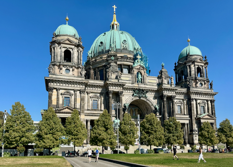 Stately church with blue domes