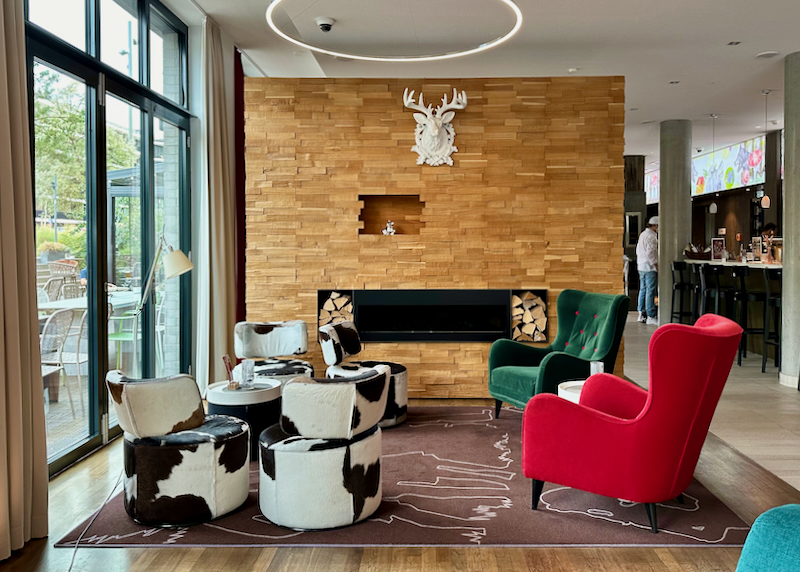 Hotel lobby with cow-print furnishings